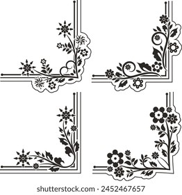 Set of exquisite ornamental floral doodle designs with flowers, daisies, leaves, swirls, curls and corners. Spring and summer theme. Very clean vector lines, vinyl and laser ready.