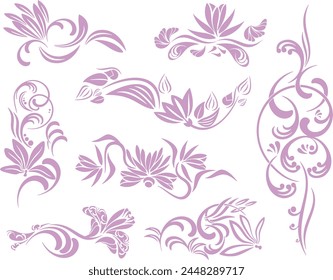 Set of exquisite ornamental floral doodles with flowers, lilies, water lilies, leaves, swirls, scrolls and calligraphic elements in abstract style. Extremely clean vector lines, vinyl and laser ready.