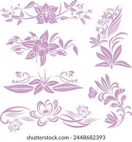 Set of exquisite ornamental floral doodles with flowers, orchid, lilies, water lily, butterfly, grass, swirls and scrolls. Spring and summer theme. Extremely clean vector lines, vinyl and laser ready.