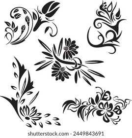 Set of exquisite ornamental floral doodles with flowers, roses, buds, lilies, swirls and scrolls in abstract style. Spring and summer theme. Very clean vector lines, vinyl and laser ready.