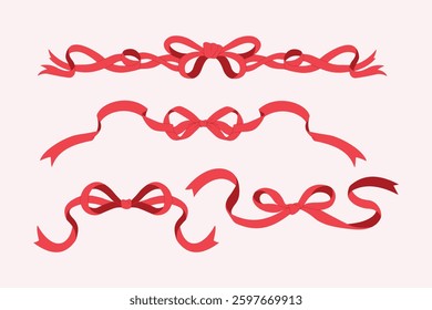 A set of exquisite red decorative ribbons with tied bows. Suitable for gift wrapping, holiday cards, wedding, and romantic designs.