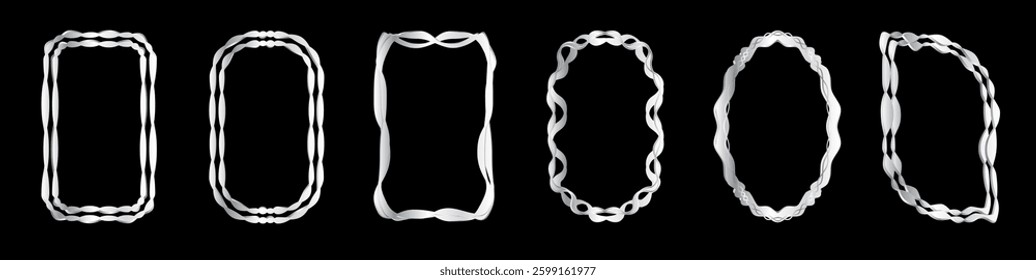 Set of exquisite silver frames with wavy lines and patterns. Fashionable vintage ornate frames for wedding invitations, greeting cards, prints.