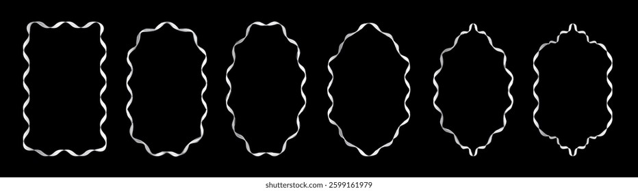 Set of exquisite silver frames with wavy lines and patterns. Fashionable vintage ornate frames for wedding invitations, greeting cards, prints.