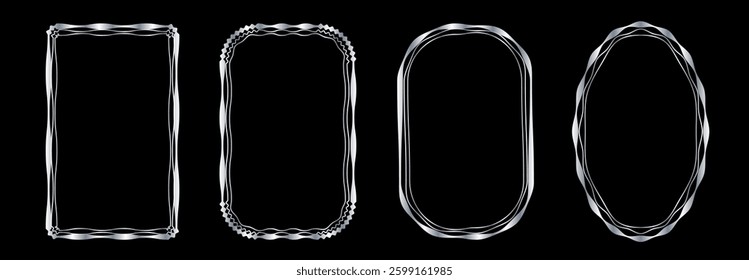 Set of exquisite silver frames with wavy lines and patterns. Fashionable vintage ornate frames for wedding invitations, greeting cards, prints.