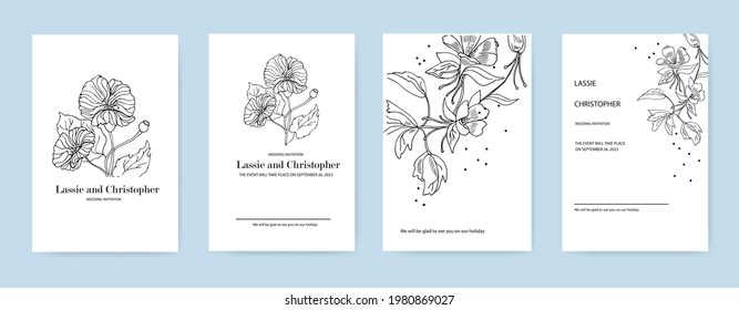 A set of exquisite wedding invitations in a minimalist style. colors in a linear style on a white background. Modern RSVP greeting card design with natural design elements. EPS10.
