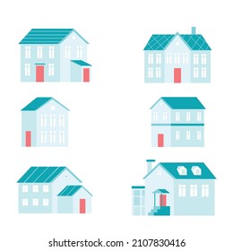 Set of Exterior house vector illustration front view of houses with roof. Home front with doors and windows, Little house, colourful house, flat houses illustration.