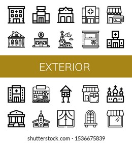 Set Of Exterior Icons. Such As Hospital, Izba, Shopping Mall, Donut Shop, Fire Station, Church, Window, Shop, Clinic, Parthenon, Wooden House , Exterior Icons