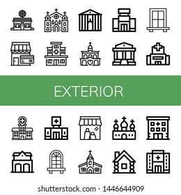 Set of exterior icons such as Pizza shop, Shop, Church, Hospital, Town hall, Shopping mall, Parthenon, Window, Fire station, Clinic, Wooden house , exterior