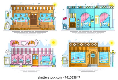 Set of exteriors of little cute cafe buildings on the street. Layout modern vector background illustration design concept