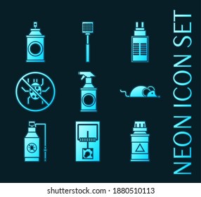 Set of Exterminator service glowing neon icons.