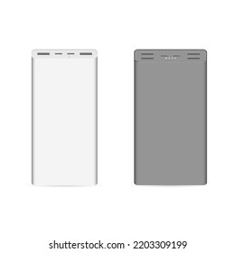 Conjunto de baterías externas para cargar dispositivos portátiles, ilustración vectorial 3D.