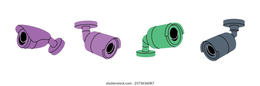 Set of external CCTV cameras. Outdoor video cameras. External home security system. Vector illustration.