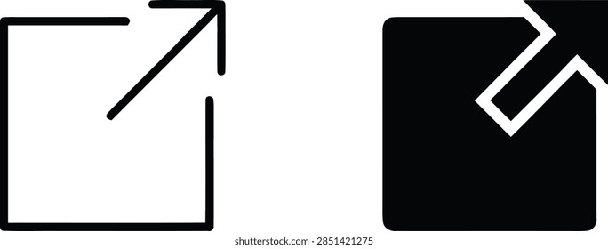 A set of external link or open in new window icons, featuring a square with an arrow pointing outwards in outline and solid styles.