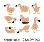 Set of extinct dodo bird cartoon collection, Raphus cucullatus illustration, wildlife fauna conservation, isolated on white background. Endemic species of flightless bird raphus cucullatus Mauritius.