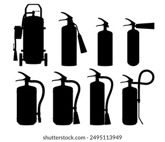 Set of extinguishers icon isolated on white background. Different types of handle extinguishers, water, carbon dioxide, foam, powder and wet chemicals. Silhouette icons, vector illustration.