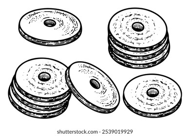 Set of extra dumbbell disks hand drawn sketch. Fitness exercise. Pump up arm muscles. Gym equipment. Physical exercise. Healthy lifestyle. Metal object. Vector engraving line art illustration.