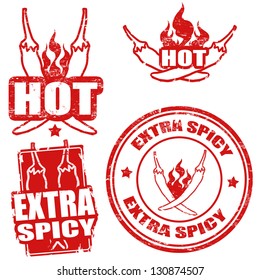 Set of extra spicy chili pepper stamps on white, vector illustration