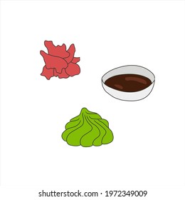 Set of extras for sushi and rolls, wasabi, ginger and soy sauce doodle, isolated vector illustration on white background 