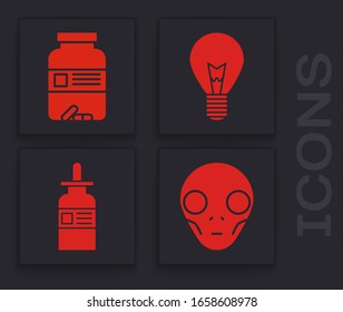 Set Extraterrestrial alien face, Medicine bottle and pills, Light bulb with concept of idea and Glass bottle with a pipette icon. Vector