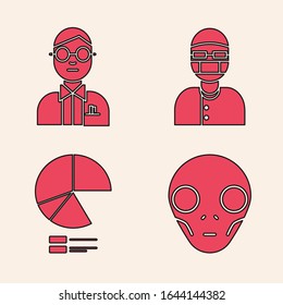 Set Extraterrestrial alien face, Scientist, Assistant and Pie chart infographic icon. Vector