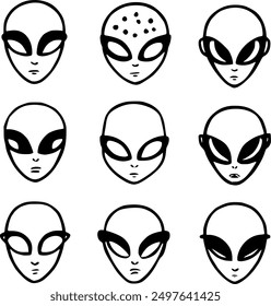 Set of Extraterrestrial Faces Vector Illustration , Set of Alien Faces Vector Illustration ,UFO Entity Faces Vector Art