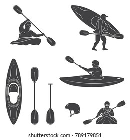 Set of extrema water sports equipment, kayaker and canoe silhouettes. Vector illustration. Collection include kayak, paddles, helmet and kayaker silhouettes.