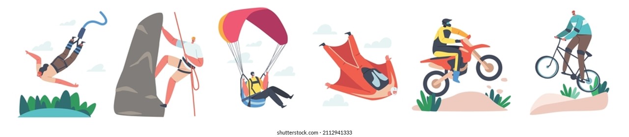 Set of Extreme Activities and Sport Bungee Jumping, Wingsuit Flying, Off Road Biking on Bicycle and Motorcycle, Mountain Climbing, Sportsmen Characters Recreation. Cartoon People Vector Illustration