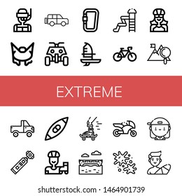 Set of extreme icons such as Dive, Bungee jumping, Jeep, All terrain, Carabiner, Windsurf, Waterpark, Bicycle, Biker, Mountain, Action camera, Kayak, Roller skate, Skateboard , extreme