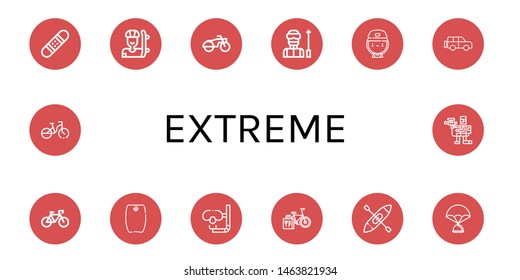 Set of extreme icons such as Snowboard, Skater, Motorcycle, Ski, Bicycle, Bodyboard, Dive, Kayak, Parachute, Paintball , extreme