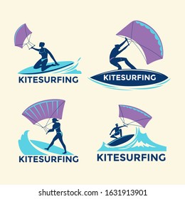 Set of Extreme Sport Kitesurfing or Kite Boarding Vector Illustration