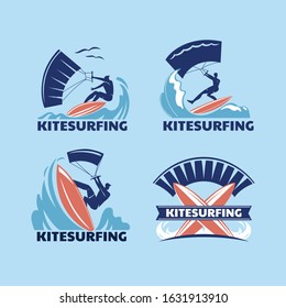 Set of Extreme Sport Kitesurfing or Kite Boarding Vector Illustration