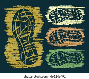 Set of Extreme sport vector logo. Lettering composition with the imprint sole of a sports shoe isolated on color grunge background. Best for sports team emblem, banner, print design for t-shirt. 