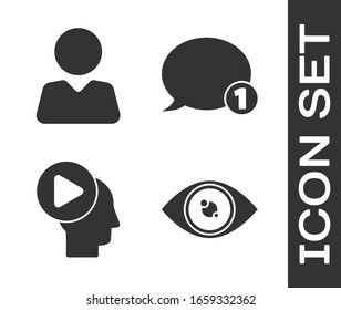 Set Eye, Add to friend, Head people with play button and Speech bubble chat icon. Vector