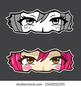 set of eye anime girl with pink hair good for sticker, decals, t shirt design, printable, etc