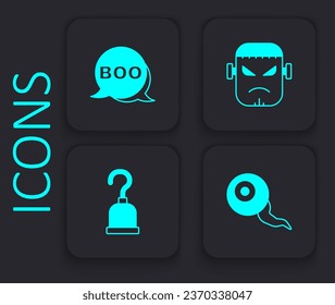 Set Eye, Boo speech bubble, Frankenstein face and Pirate hook icon. Black square button. Vector