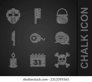 Set Eye, Calendar with Halloween, Skull on crossbones, Pumpkin, Burning candle, Knife, witch cauldron and Hockey mask icon. Vector