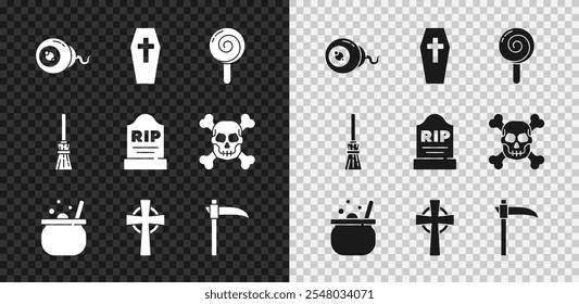 Set Eye, Coffin with cross, Lollipop, Halloween witch cauldron, Tombstone, Scythe, Witches broom and RIP written icon. Vector