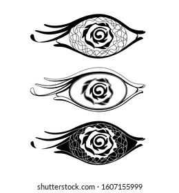Set of eye contour separately, parts of the eyeball of the human body black and white with scrawls and fantasy pattern for decoration or tattoo
