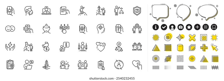 Set of Eye detect, Medical mask and Clipboard line icons for web app. Design elements, Social media icons. Clean shirt, Ethics, Leadership icons. Hold heart, Bribe, Recruitment signs. Vector