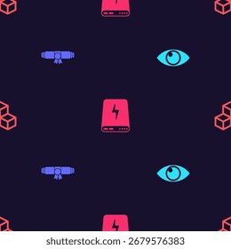 Set Eye, Diploma rolled scroll, Banco de energía y cubo isométrico en patrón transparente. Vector
