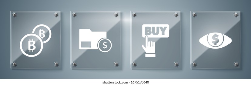 Set Auge mit Dollar, Kaufen Taste, Umschlag mit Münzgeld und Kryptowährung Coin Bitcoin. Viereckige Glasplatten. Vektorillustration