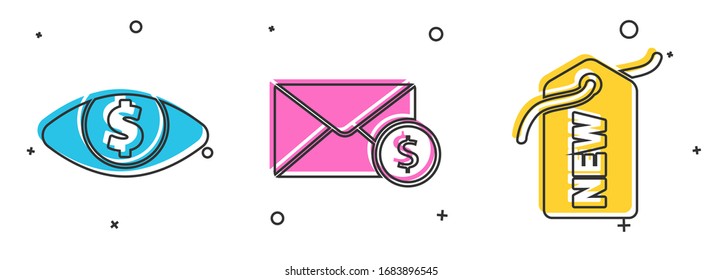 Set Auge mit Dollar, Umschlag mit Münzgeld und Preis Tag mit New Symbol. Vektorillustration