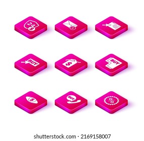 Establecer el ojo con dólar, burbuja de teléfono y voz Comprar, botón, etiqueta de precio, porcentaje de descuento, pantalla de compras en línea e icono de moneda de sobres. Vector