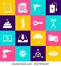 Set Eye, Download-Pfeil mit Ordner, Antenne, Bohrmaschine, Bullet and Shit-Symbol. Vektor