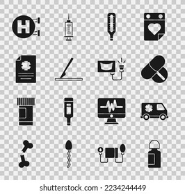 Set Eye drop bottle, Emergency car, Medicine pill or tablet, Medical thermometer, surgery scalpel, Clinical record, Hospital signboard and Ultrasound icon. Vector