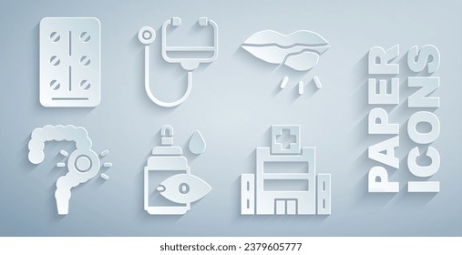 Set Eye drop bottle, Herpes lip, Gut constipation, Medical hospital building, Stethoscope and Pills blister pack icon. Vector