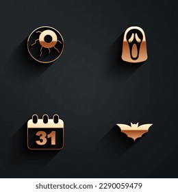 Set Eye, Funny and scary ghost mask, Halloween date 31 october and Flying bat icon with long shadow. Vector