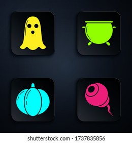 Set Eye , Ghost , Pumpkin  and Halloween witch cauldron . Black square button. Vector