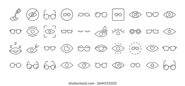 Conjunto de ícones de linha relacionados a óculos e óculos. Outline Signs para Gráficos e Web Design, Apps, Anúncios, Vários Cartões 