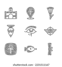 Set Eye of Horus, Butterfly fish, Papyrus scroll, Egyptian symbol Winged sun, Cross ankh, vase, lotus and house icon. Vector